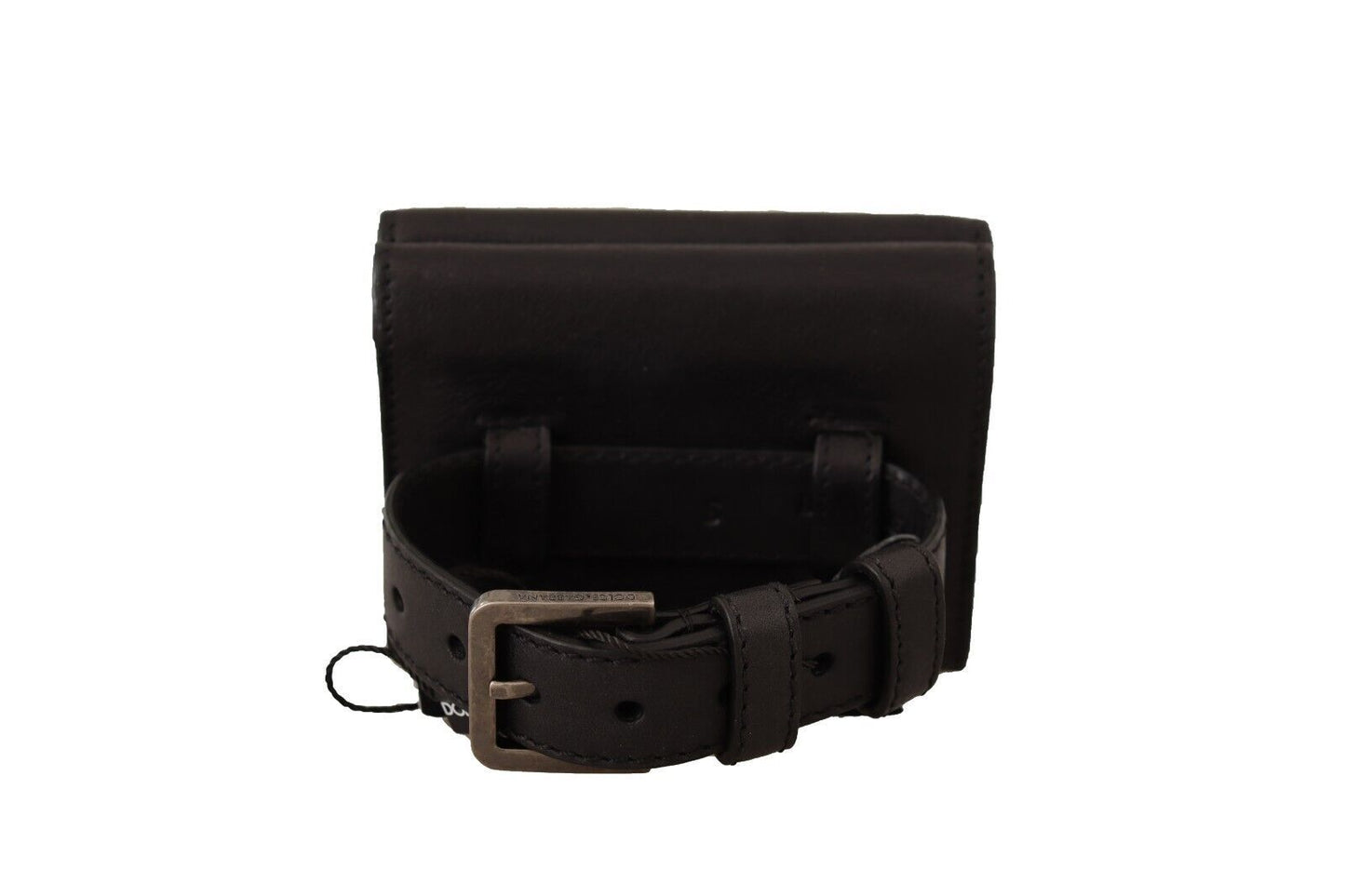 Cartera de cuero negro con tres pliegues y cinturón