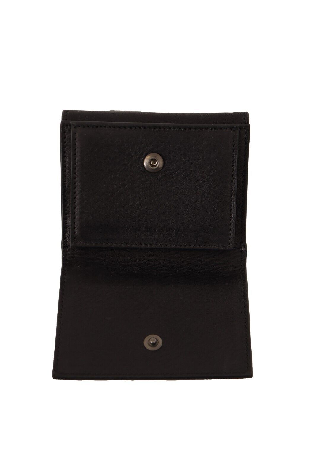 Cartera de cuero negro con tres pliegues y cinturón