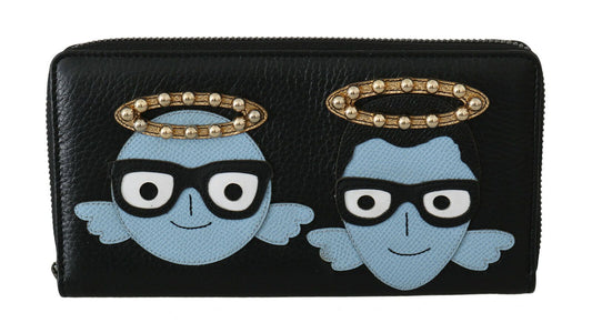 Cartera continental con cremallera #DGFAMILY de cuero negro y azul