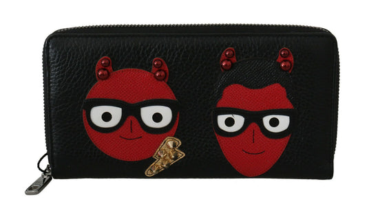 Cartera continental con cremallera #DGFAMILY de cuero negro rojo