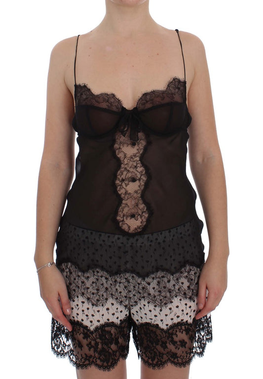 Top de lencería babydoll de encaje de seda negro