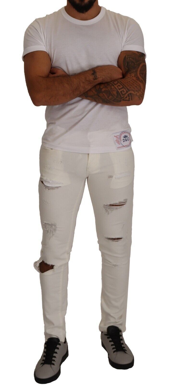 Jeans denim da uomo in cotone skinny bianco stracciato