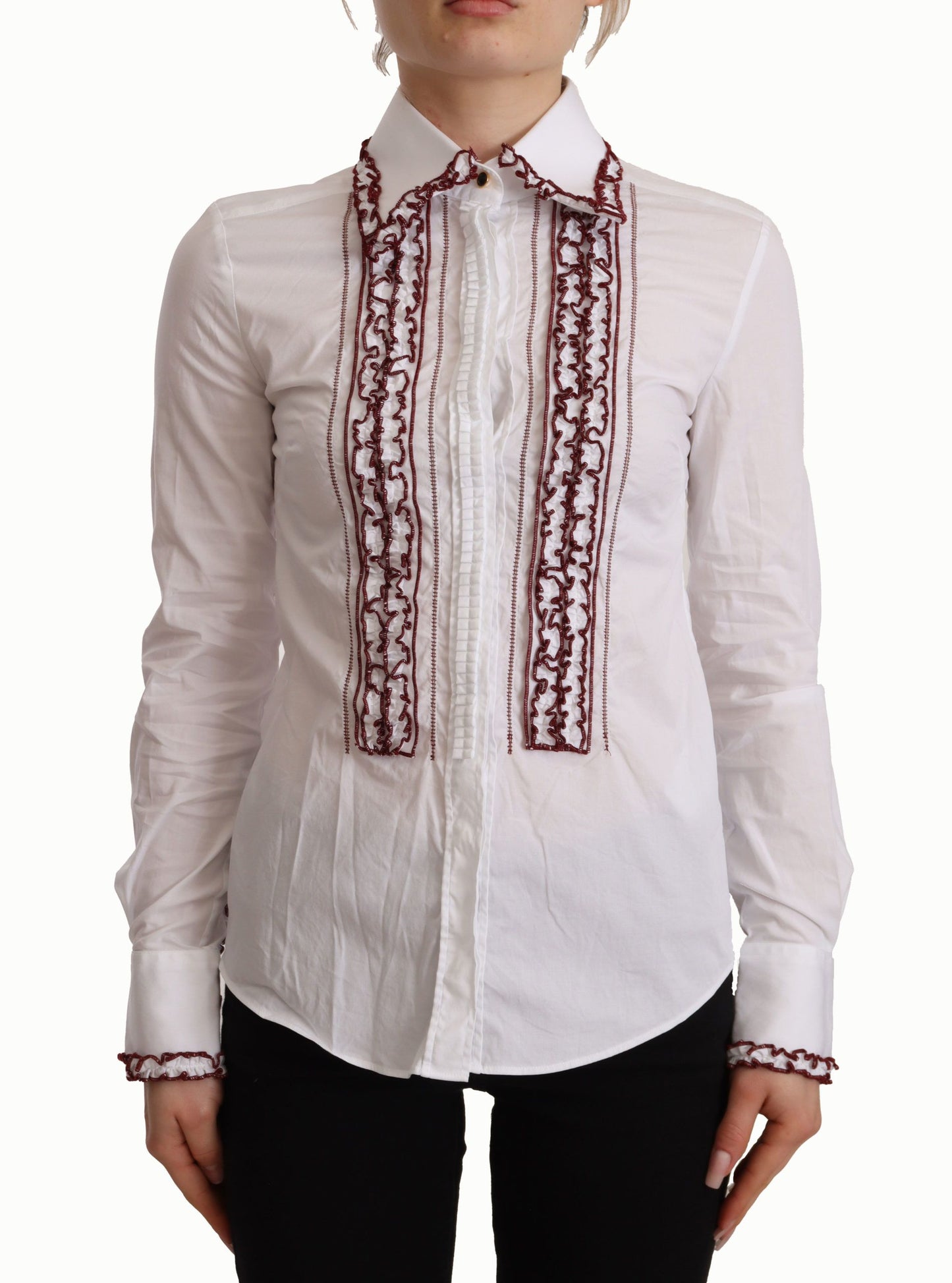Camisa blanca de manga larga con encaje de algodón y cuello con volantes
