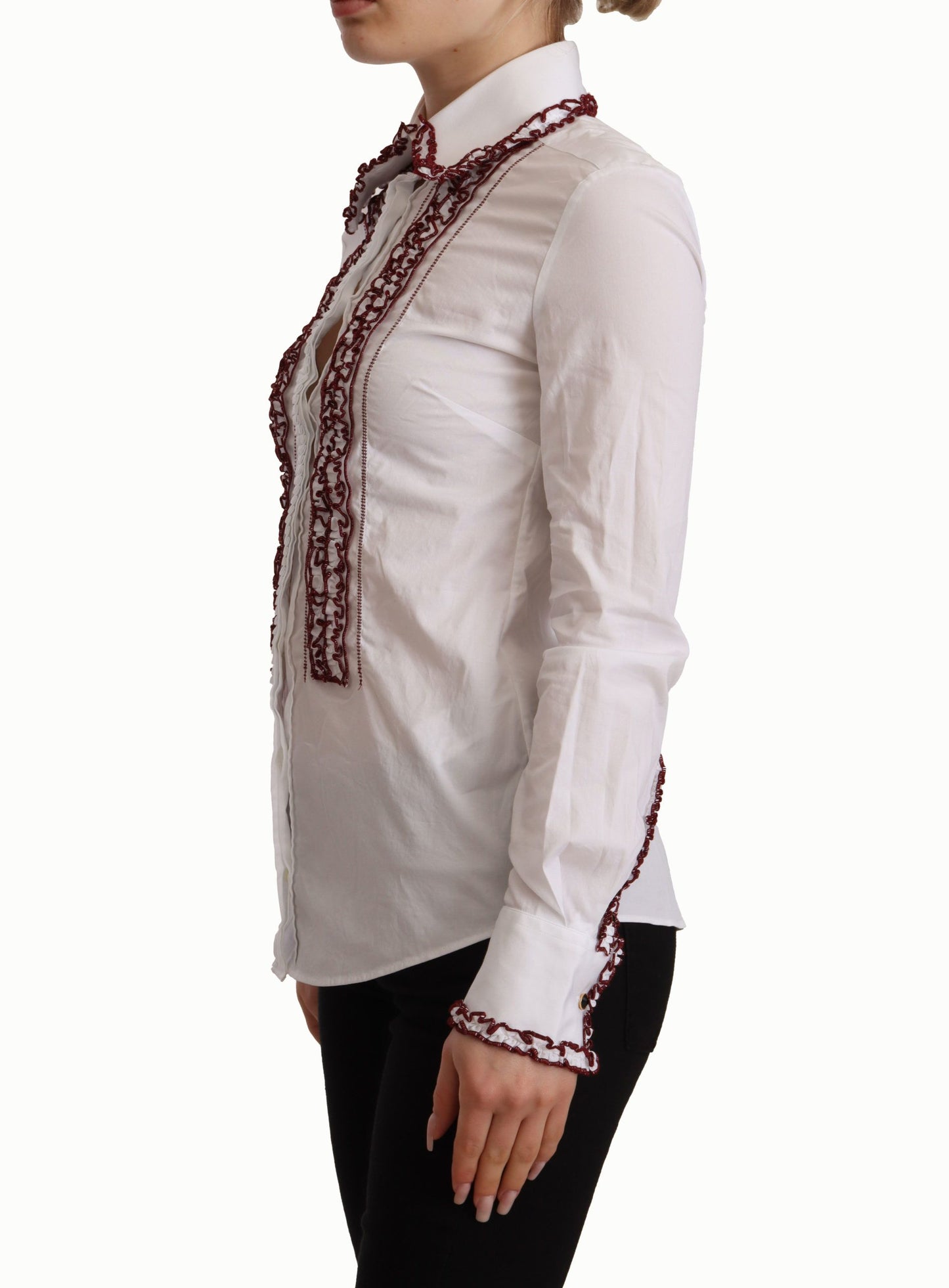 Camisa blanca de manga larga con encaje de algodón y cuello con volantes