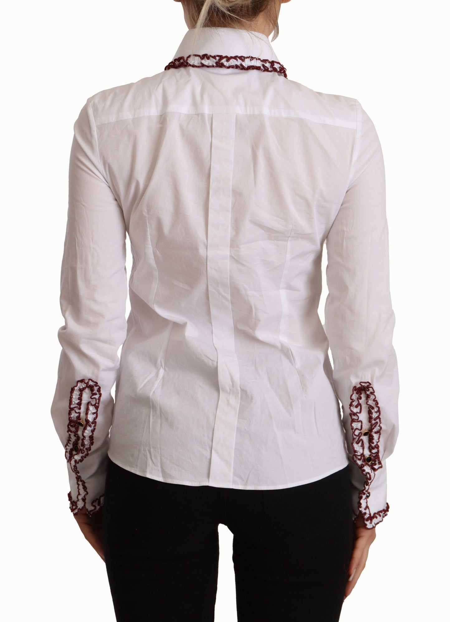 Camisa blanca de manga larga con encaje de algodón y cuello con volantes