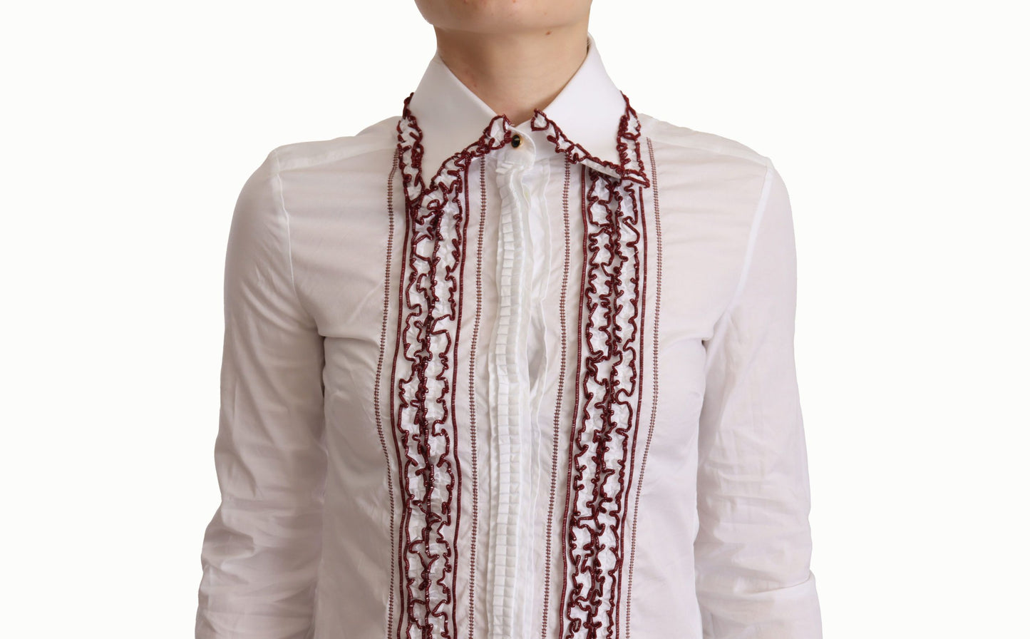Camisa blanca de manga larga con encaje de algodón y cuello con volantes