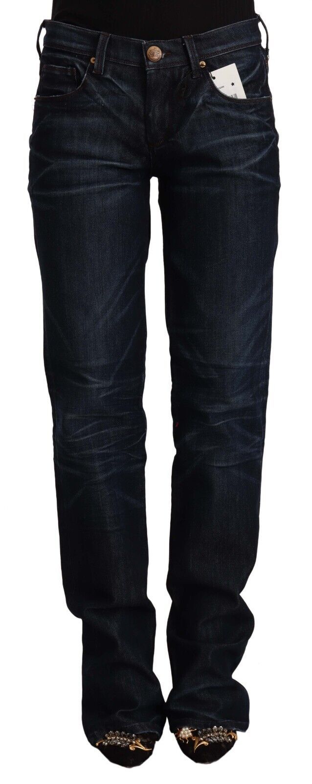 Jeans dritti in denim di cotone a vita media blu scuro