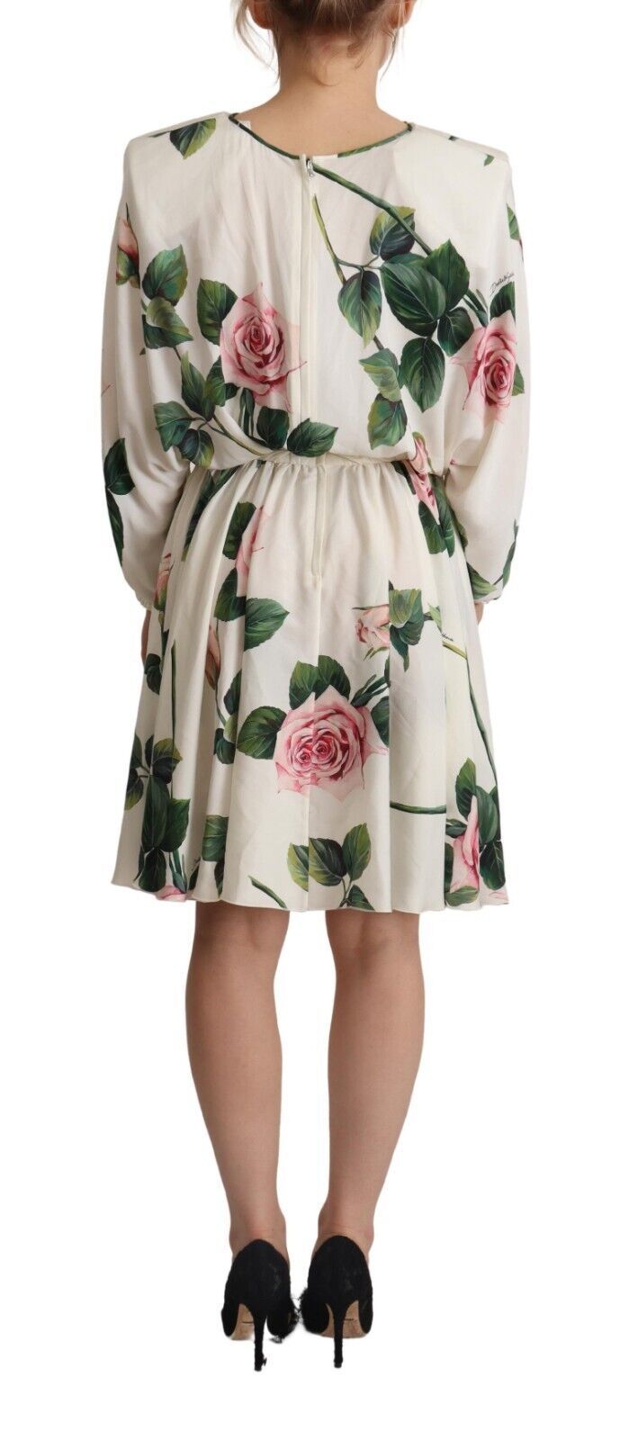 Weißes A-Linien-Kleid mit langen Ärmeln und Rosendruck