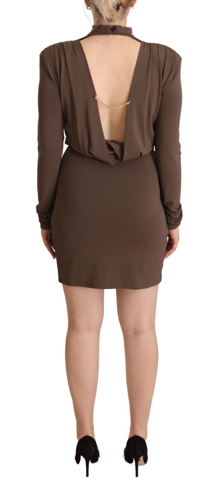 Vestido tubo de manga larga con cuello de tortuga de acetato marrón