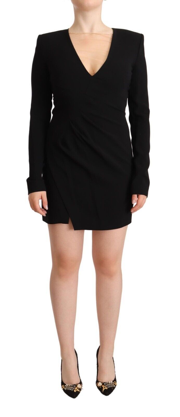 Minivestido tubo negro de manga larga con cuello en V profundo
