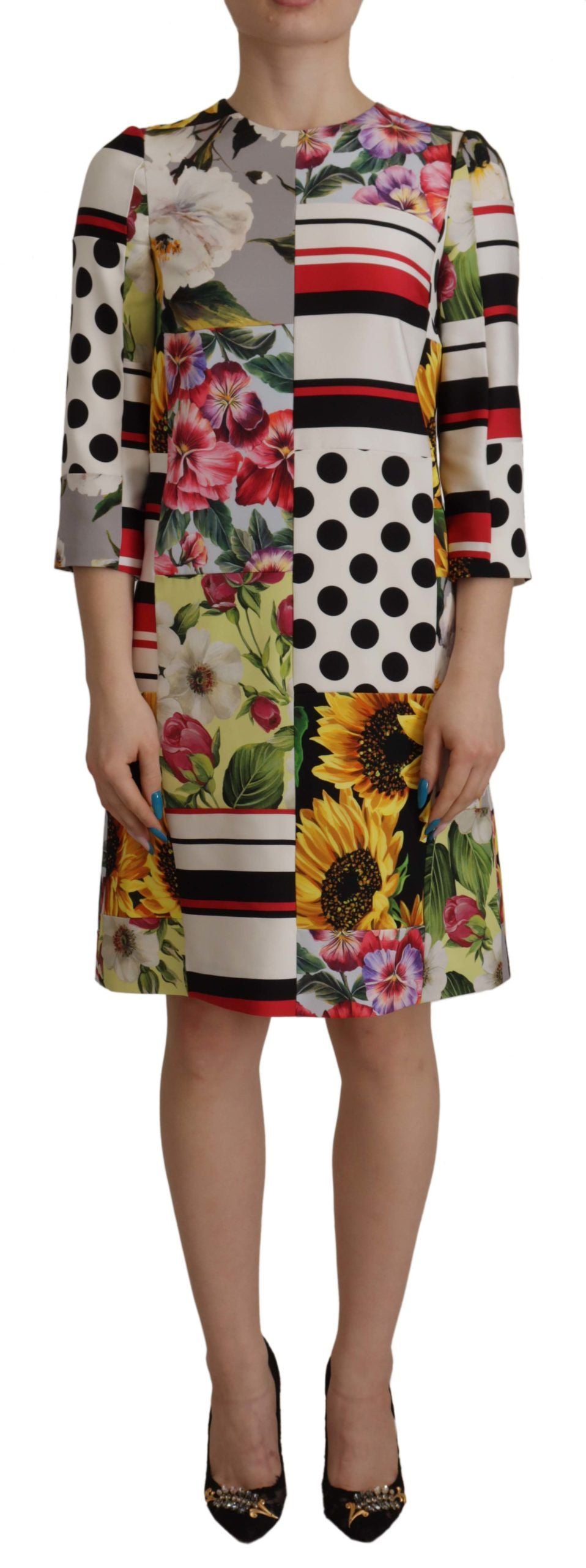 Vestido tubo de pachwork de jaquard con estampado floral Charmeuse multicolor