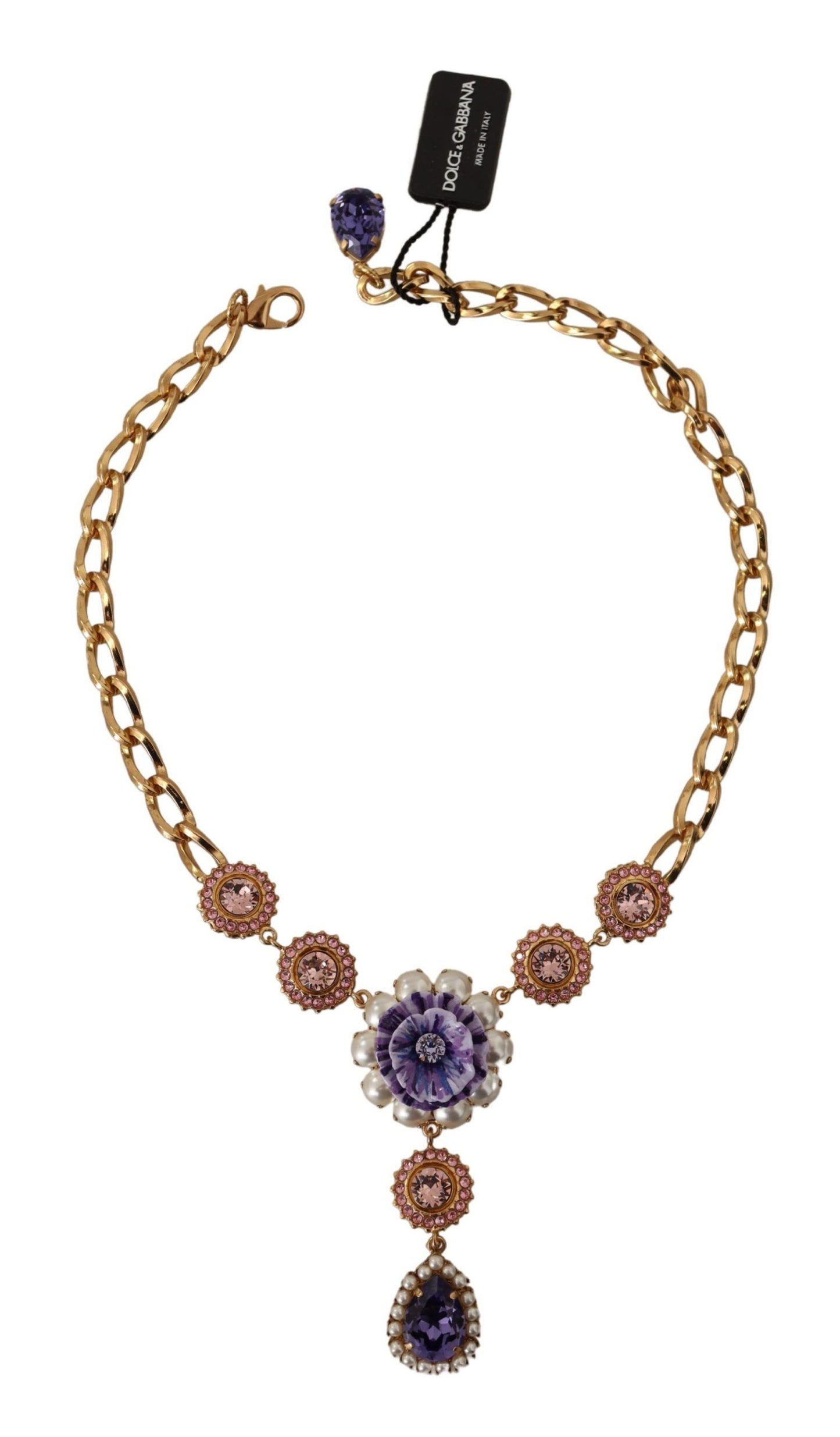 Collar con colgantes de perlas de color rosa púrpura y cristal de latón dorado