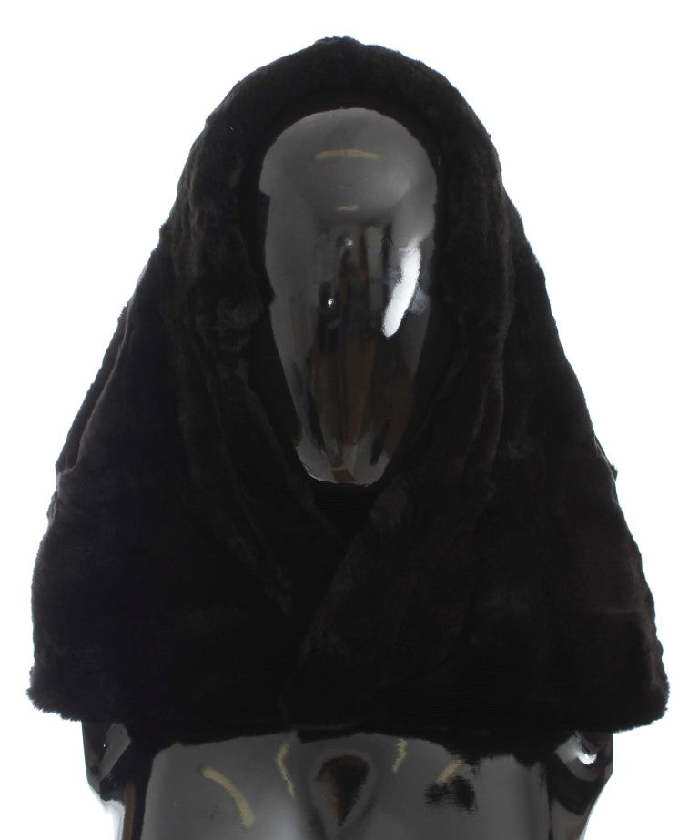 Cappello sciarpa con cappuccio in pelliccia di donnola nera