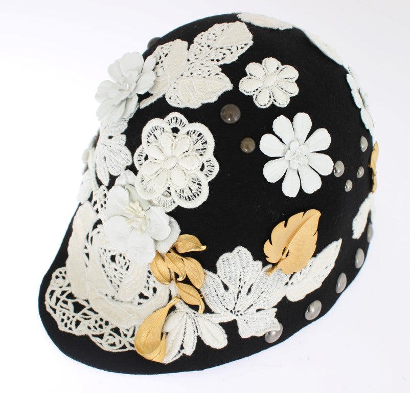 Sombrero de pan de oro floral blanco de lana negra