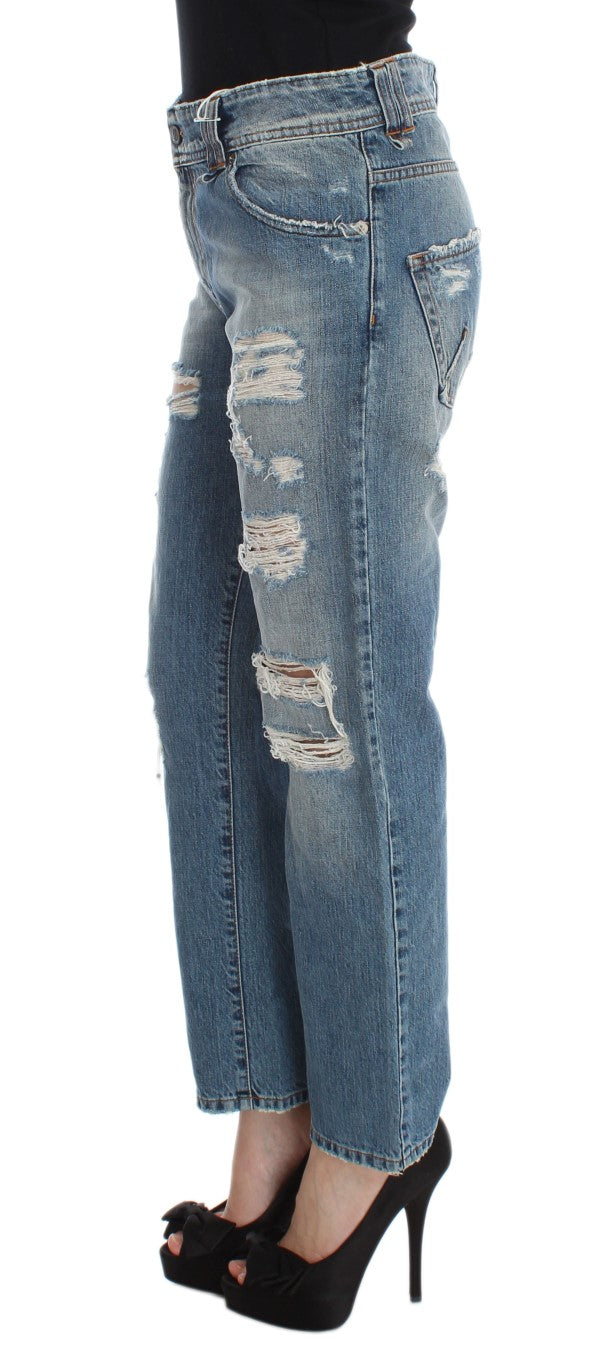 Jeans cropped stile boyfriend in cotone lavato blu