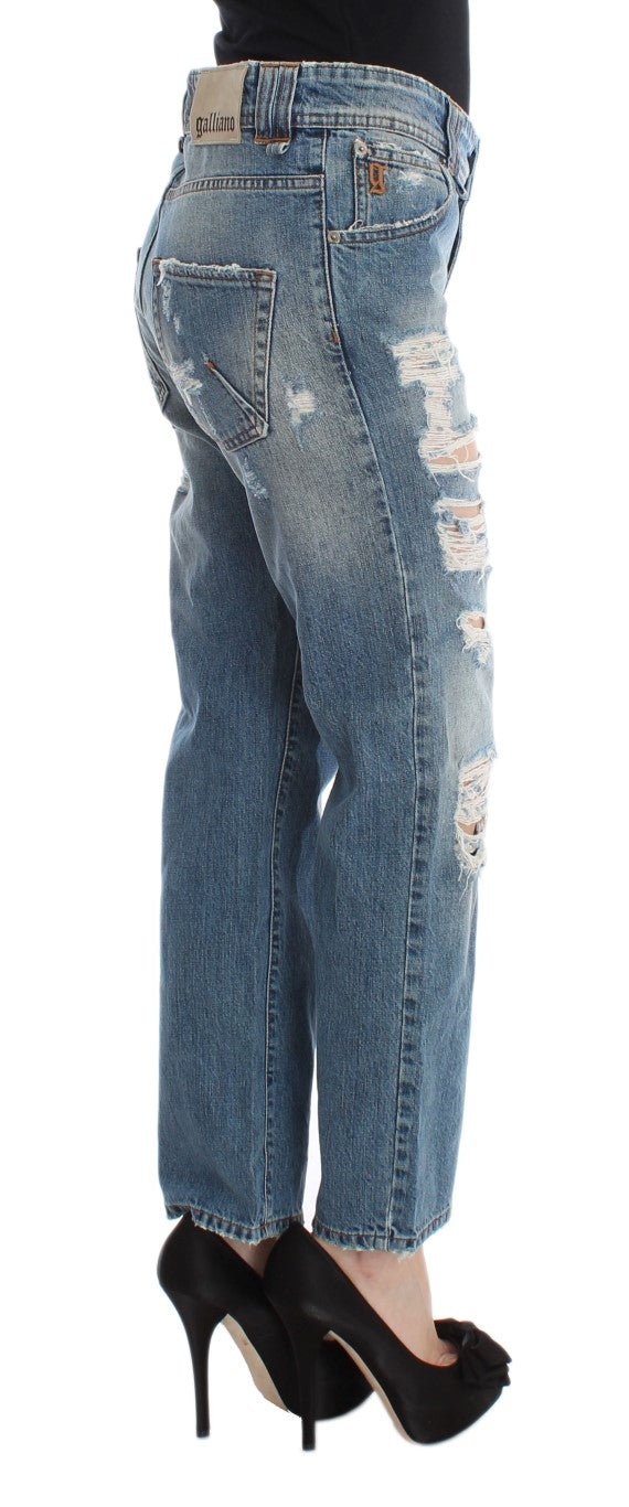 Jeans cropped stile boyfriend in cotone lavato blu