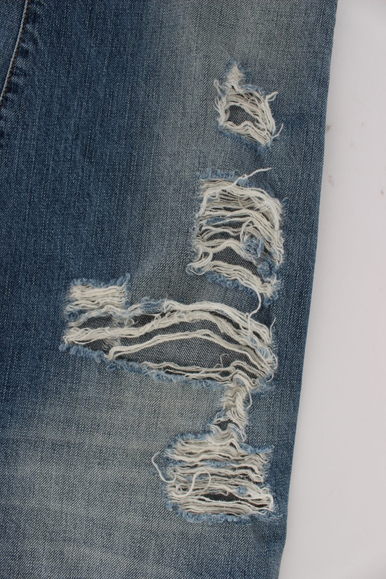 Jeans cropped stile boyfriend in cotone lavato blu