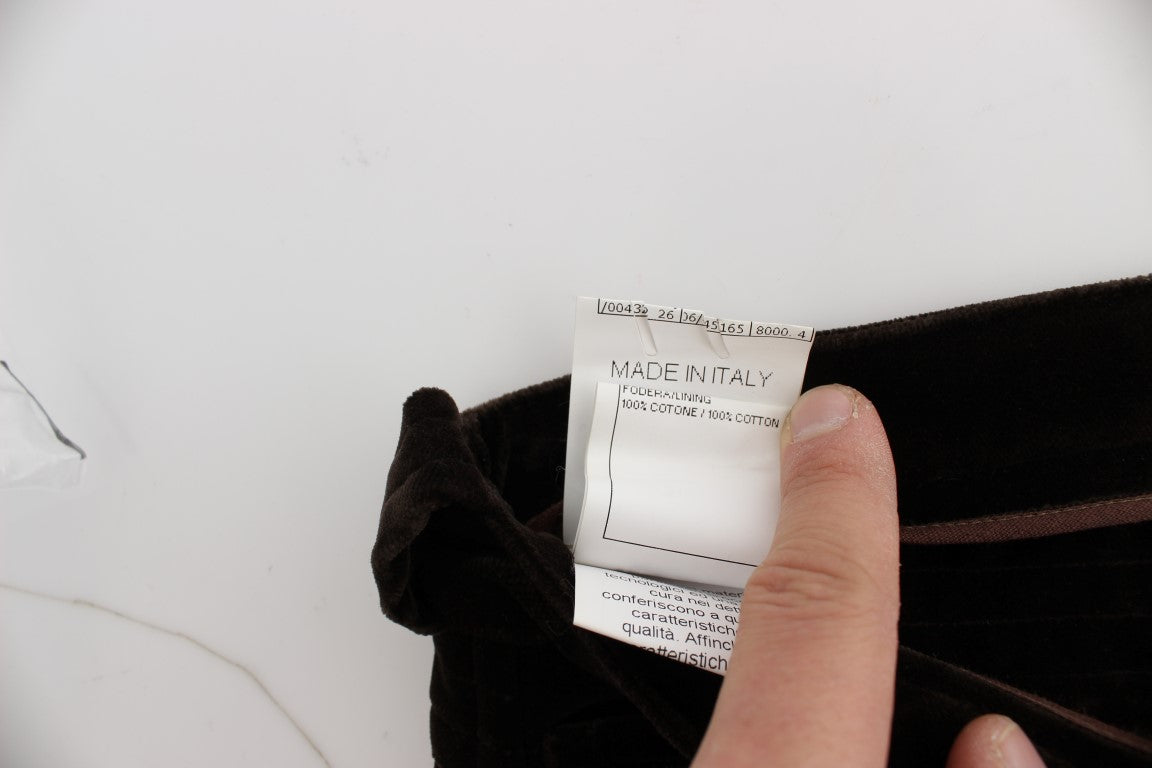 Pantaloni slim fit con cerniera in velluto di cotone marrone