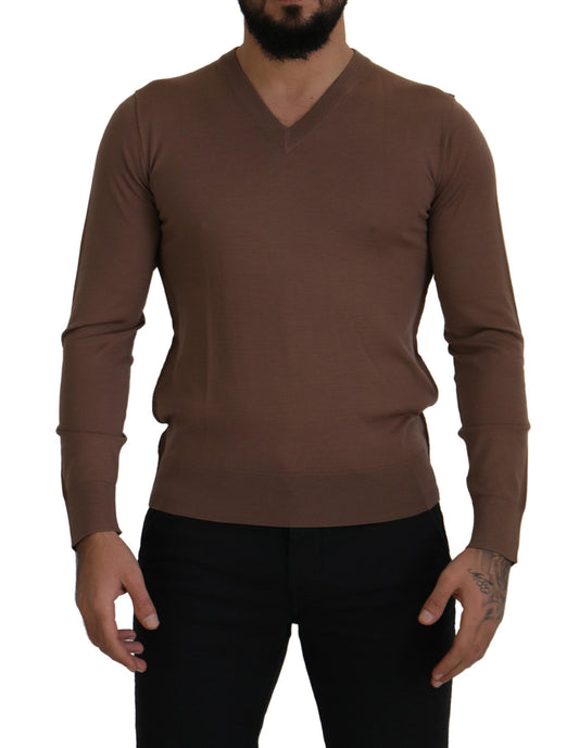 Jersey de lana marrón con cuello en V para hombre