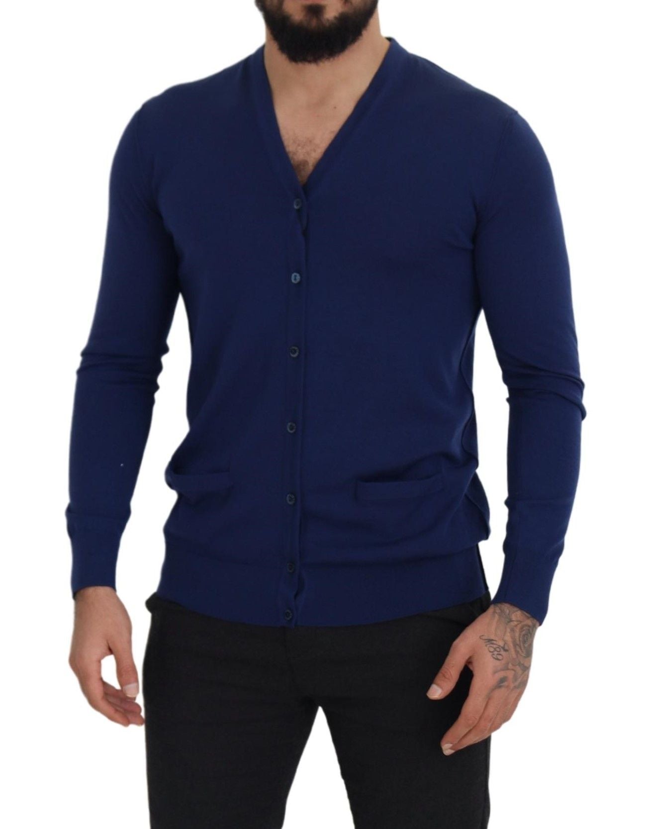 Cárdigan con botones y cuello en V de lana azul