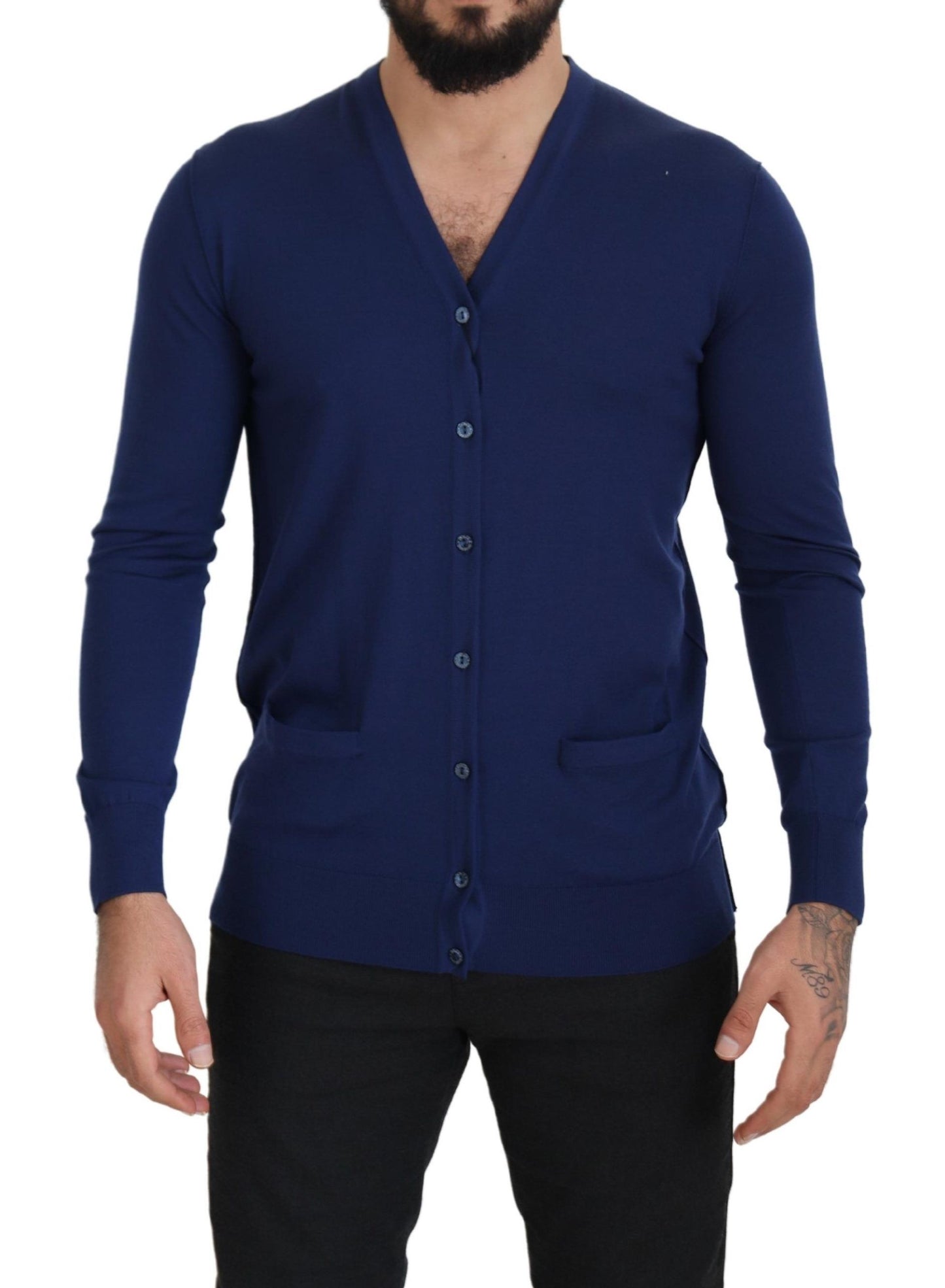 Cárdigan con botones y cuello en V de lana azul