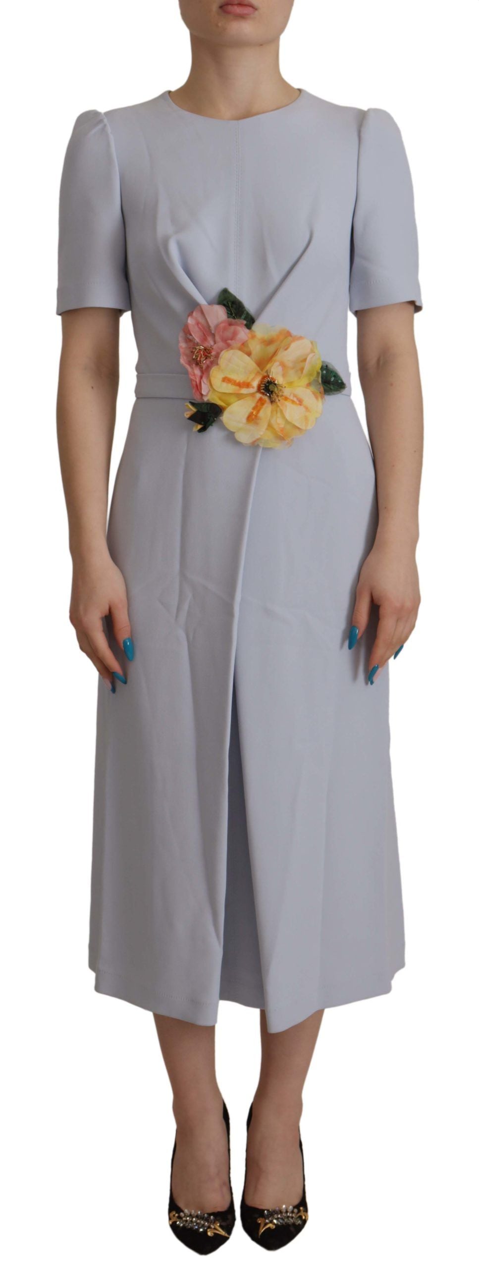 Vestido midi de viscosa con apliques florales azules