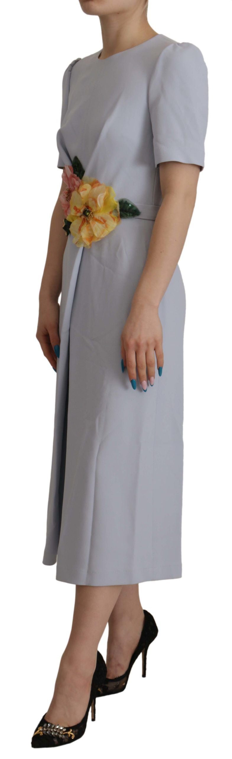 Vestido midi de viscosa con apliques florales azules