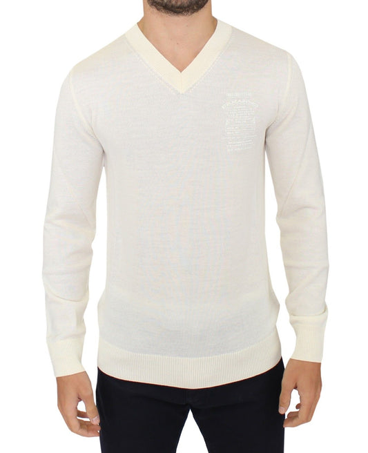 Jersey color blanco roto con cuello en V y mezcla de lana
