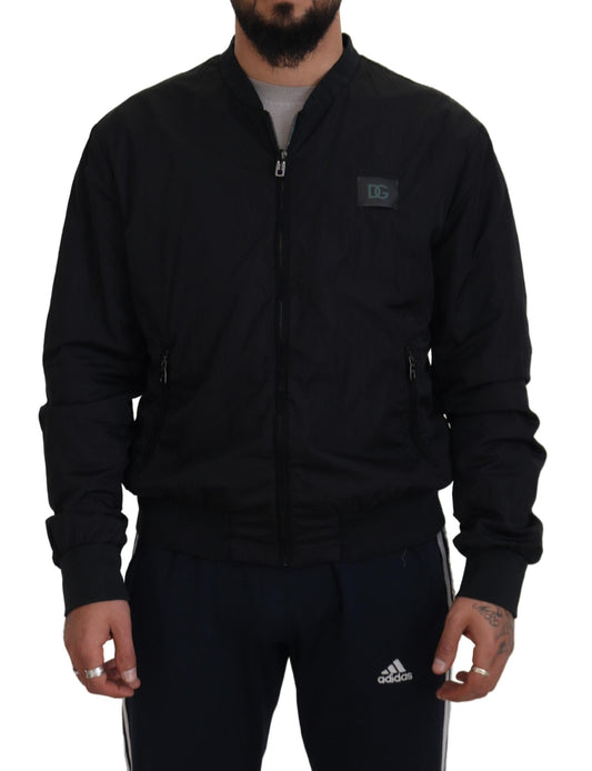 Chaqueta bomber con cremallera y logo de nailon negro