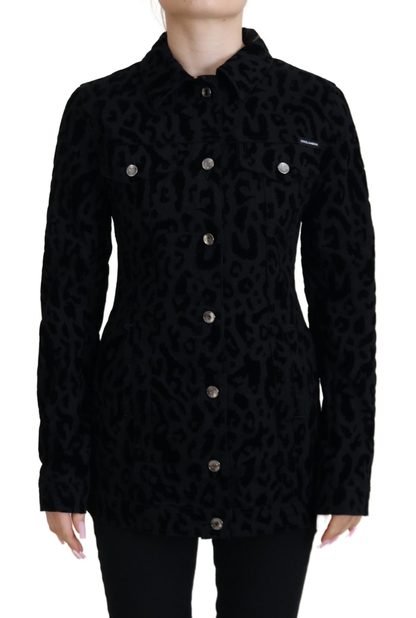 Giacca in cotone denim a maniche lunghe leopardata nera