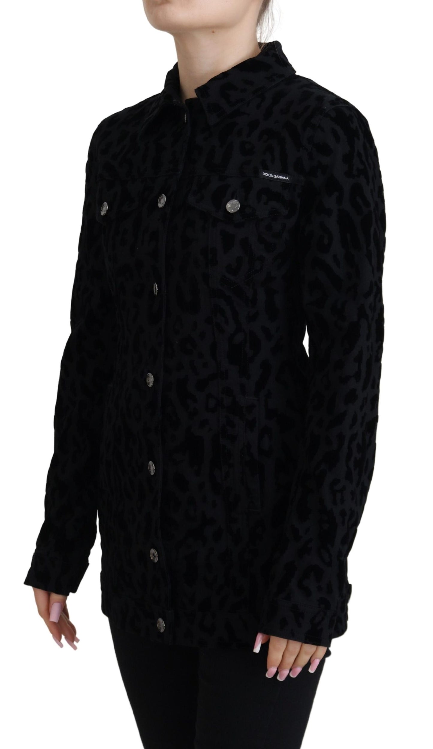 Giacca in cotone denim a maniche lunghe leopardata nera