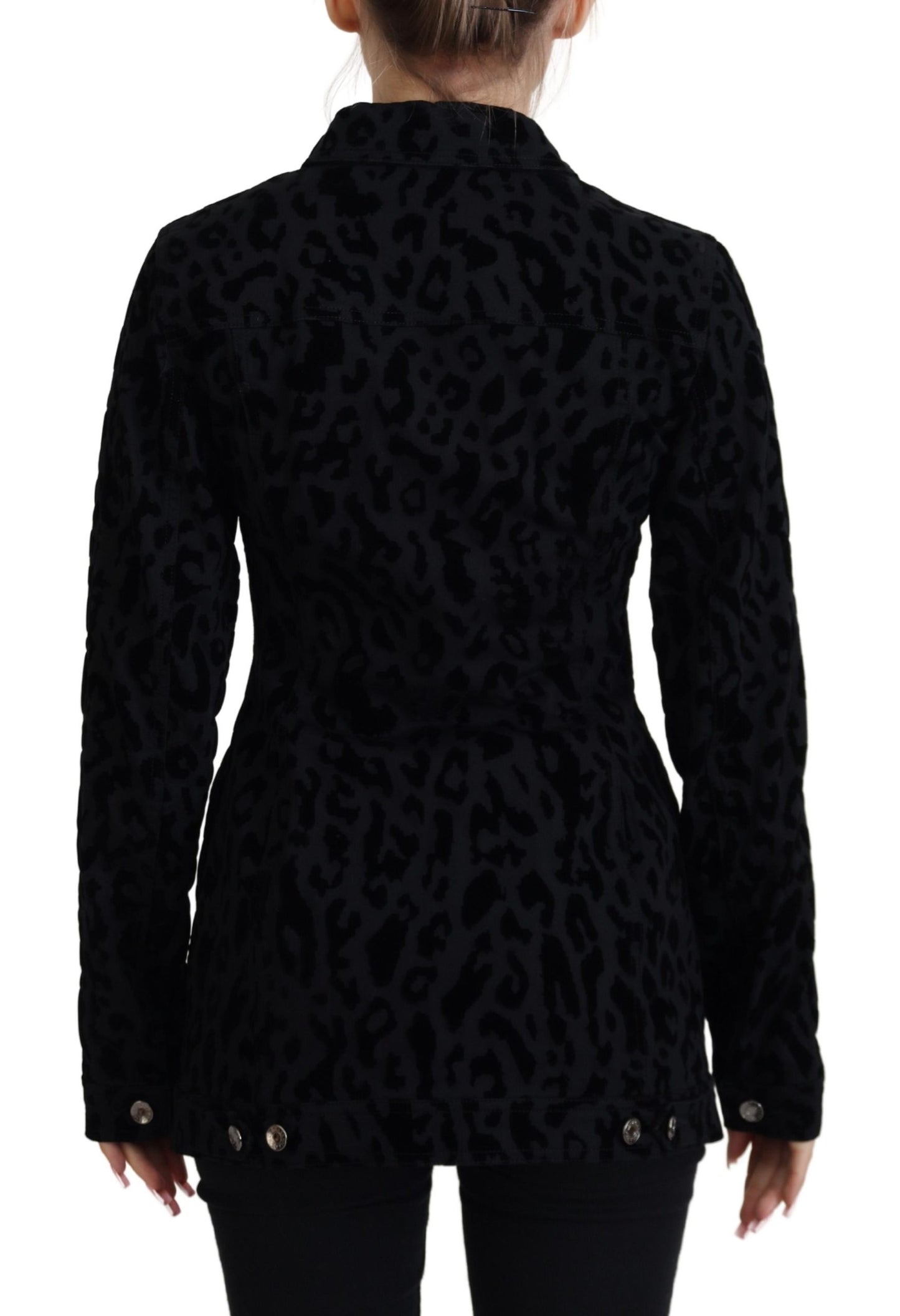 Giacca in cotone denim a maniche lunghe leopardata nera
