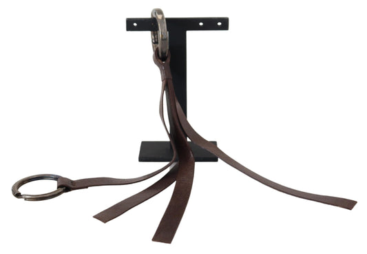 Portachiavi portachiavi in metallo tono argento in pelle marrone