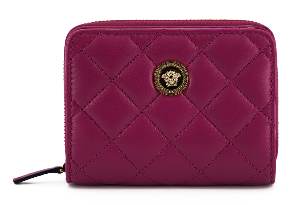 Cartera plegable con cremallera alrededor de piel de napa morada