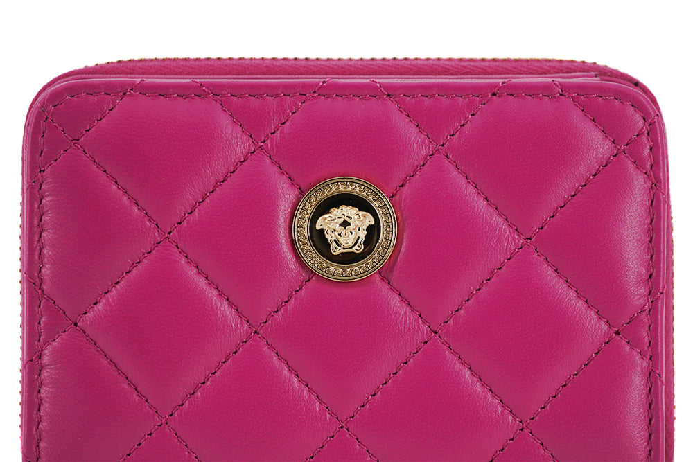 Cartera plegable con cremallera alrededor de piel de napa morada