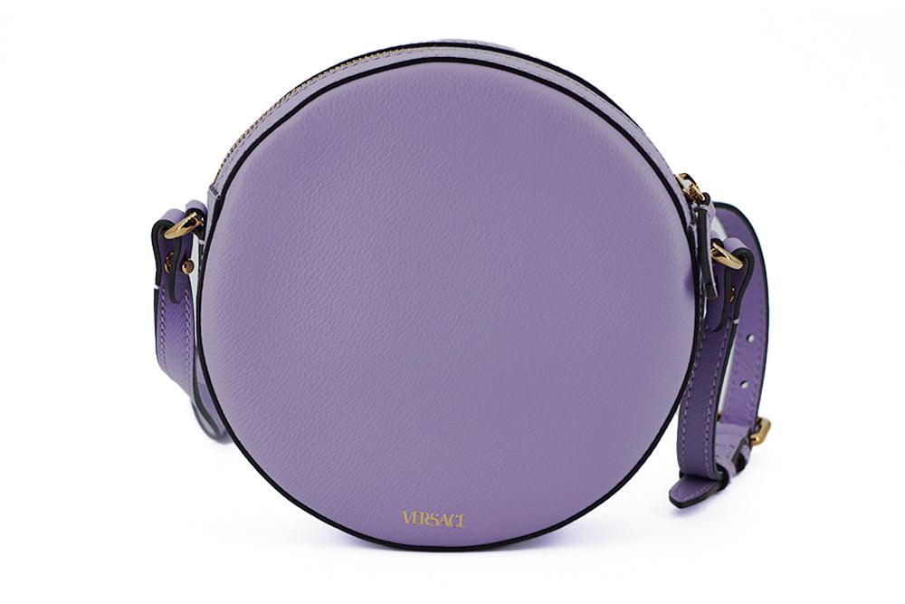 Borsa a tracolla da discoteca rotonda in pelle di vitello viola