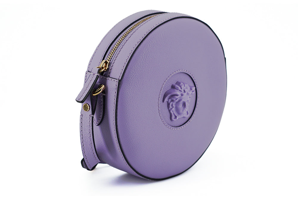 Borsa a tracolla da discoteca rotonda in pelle di vitello viola