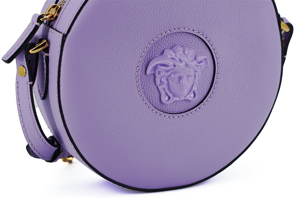 Borsa a tracolla da discoteca rotonda in pelle di vitello viola