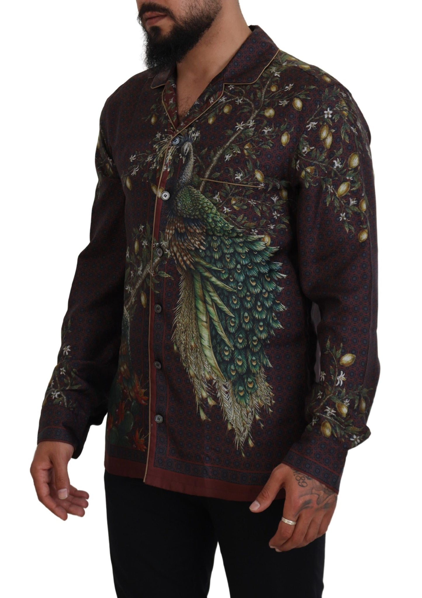 Camicia da uomo casual in raso di seta di struzzo bordeaux