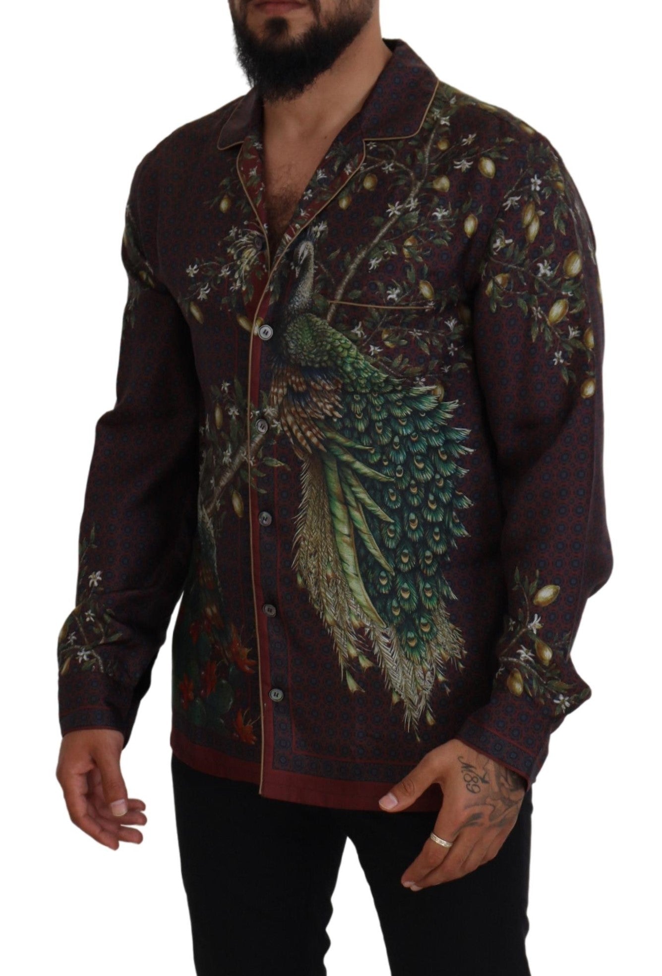 Camicia da uomo casual in raso di seta di struzzo bordeaux