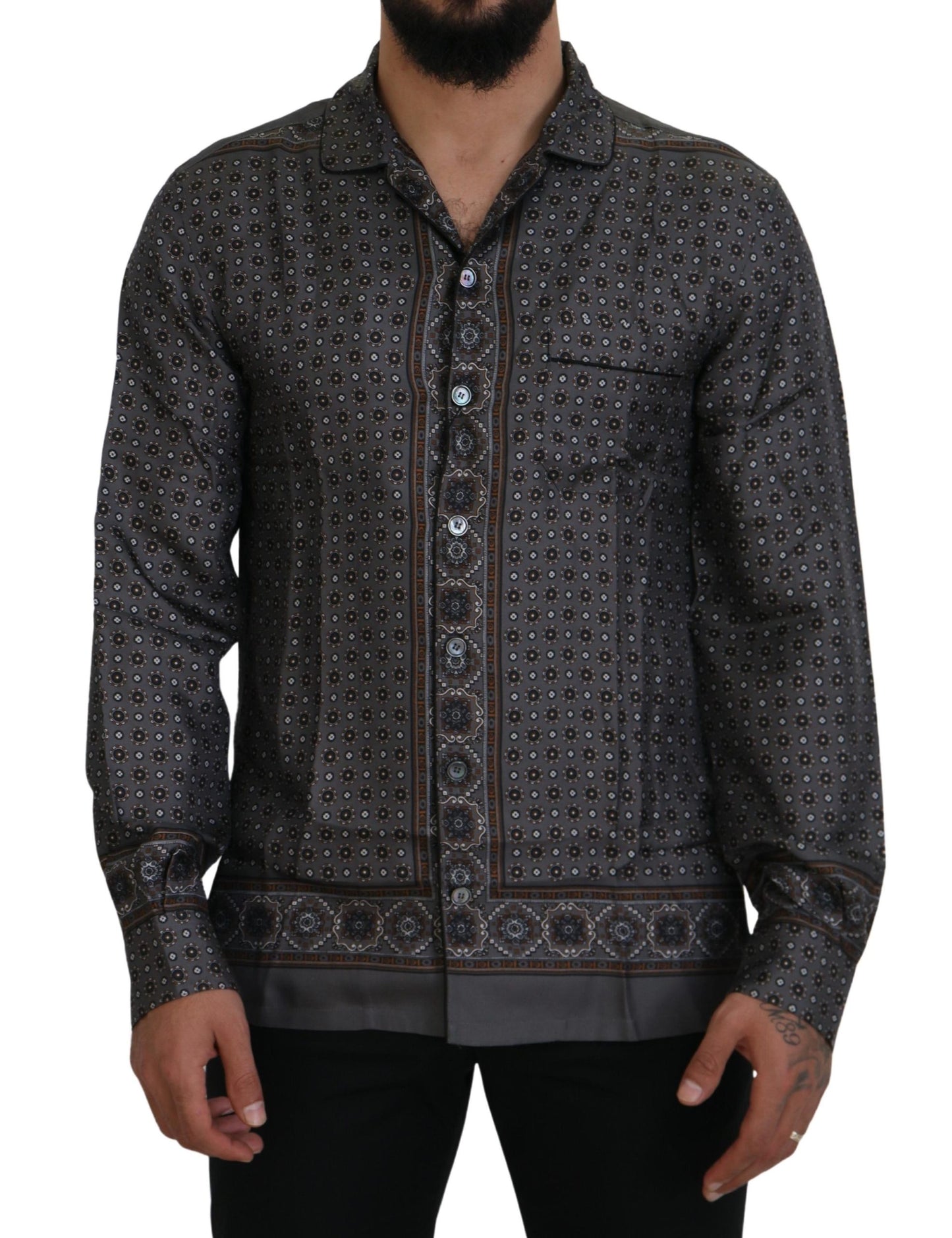Camicia casual in raso di seta grigia barocca