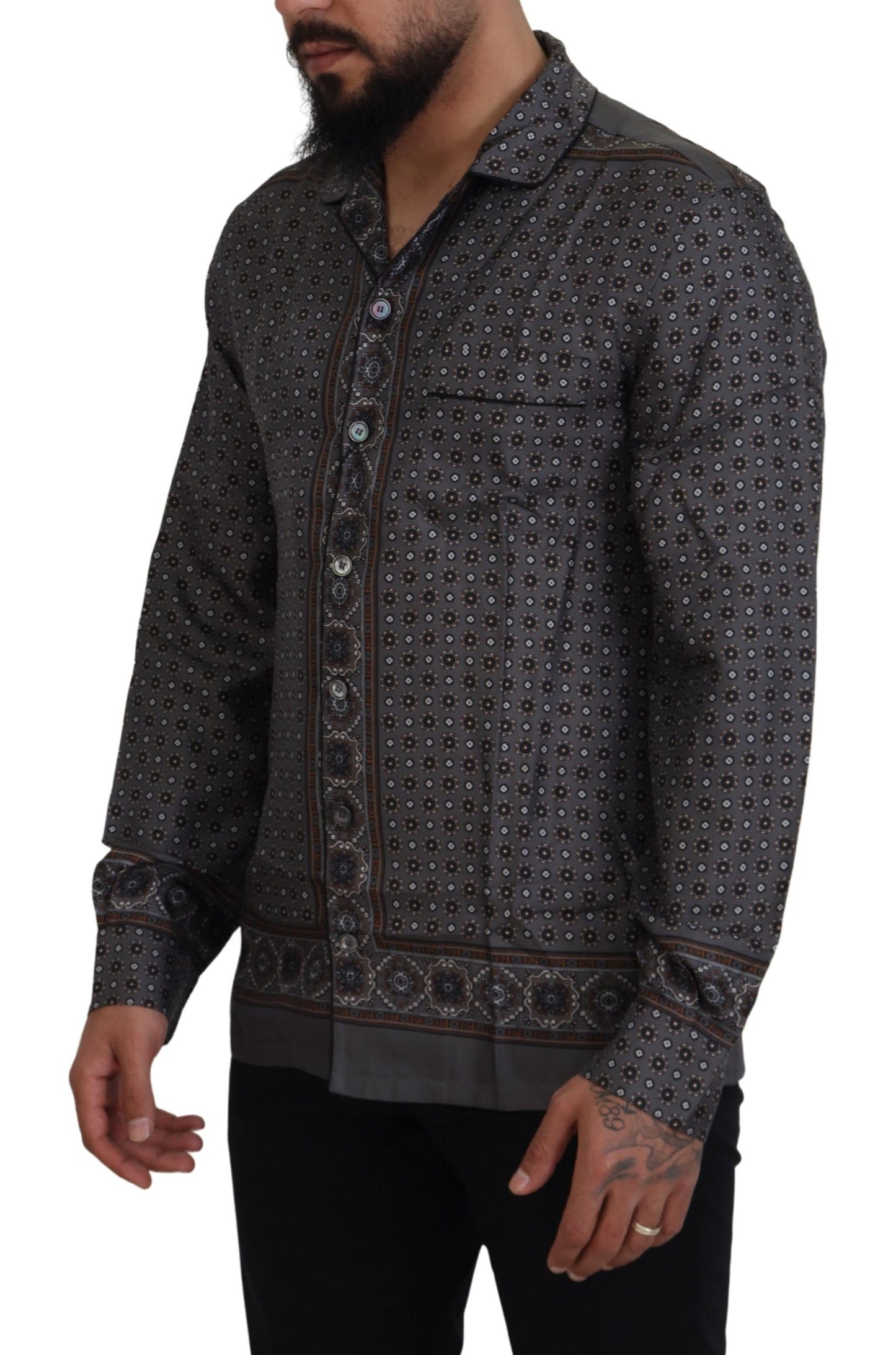 Camicia casual in raso di seta grigia barocca