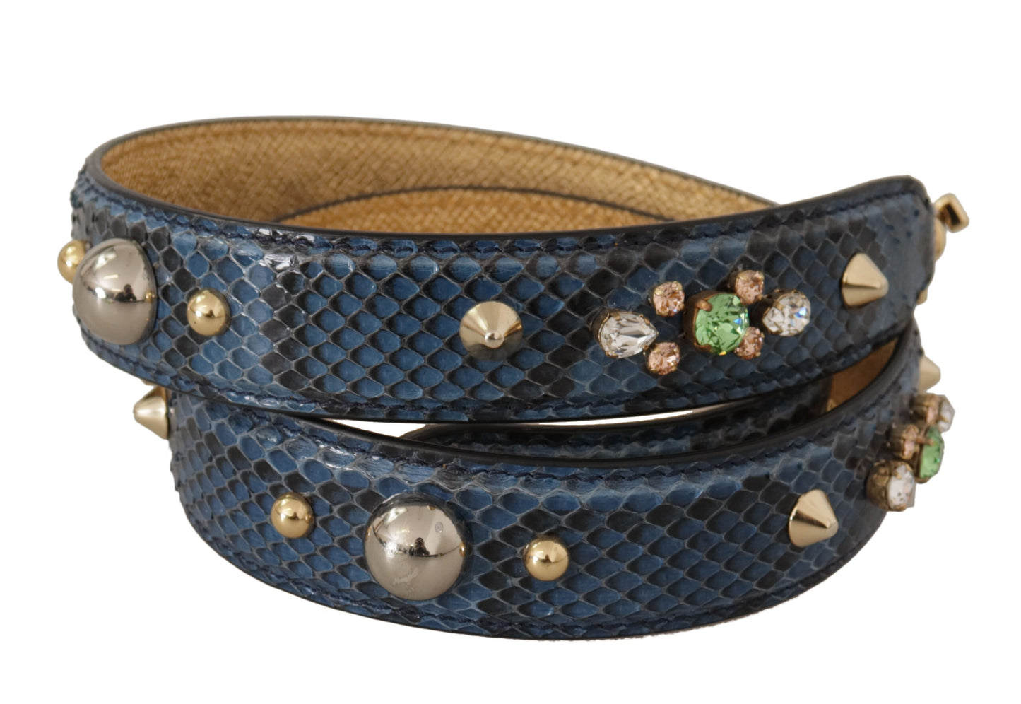 Tracolla in pelle esotica blu con cristalli