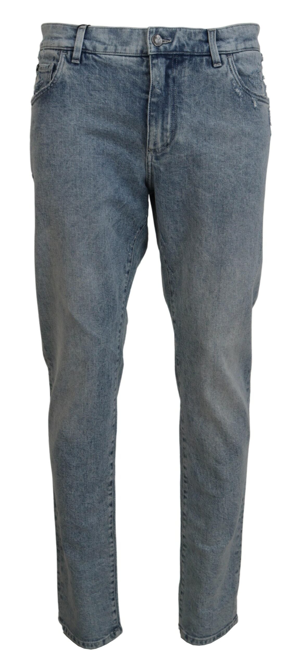 Vaqueros de denim de algodón con lavado azul y corte slim