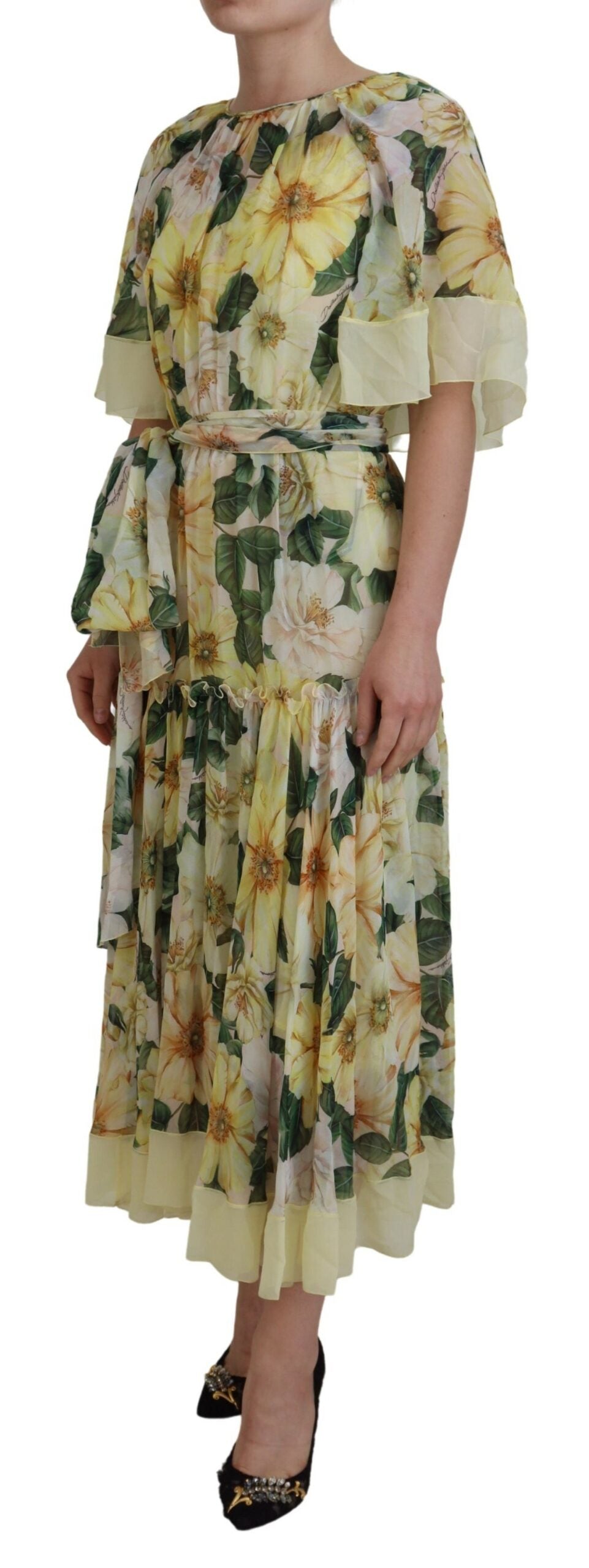 Vestido largo largo con estampado floral de seda multicolor