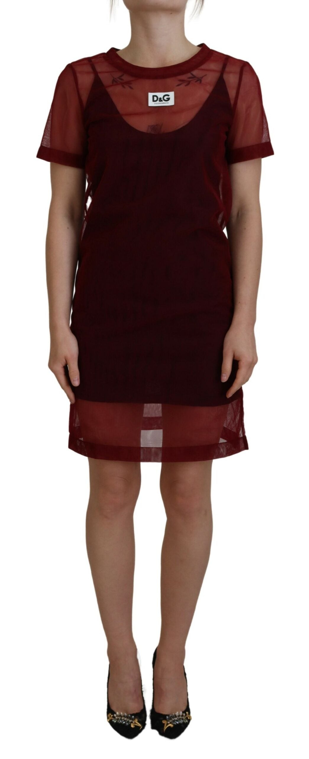 Minivestido recto de dos capas de nailon granate