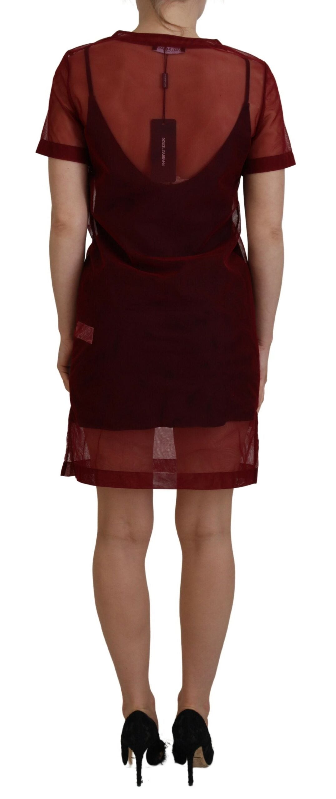 Minivestido recto de dos capas de nailon granate