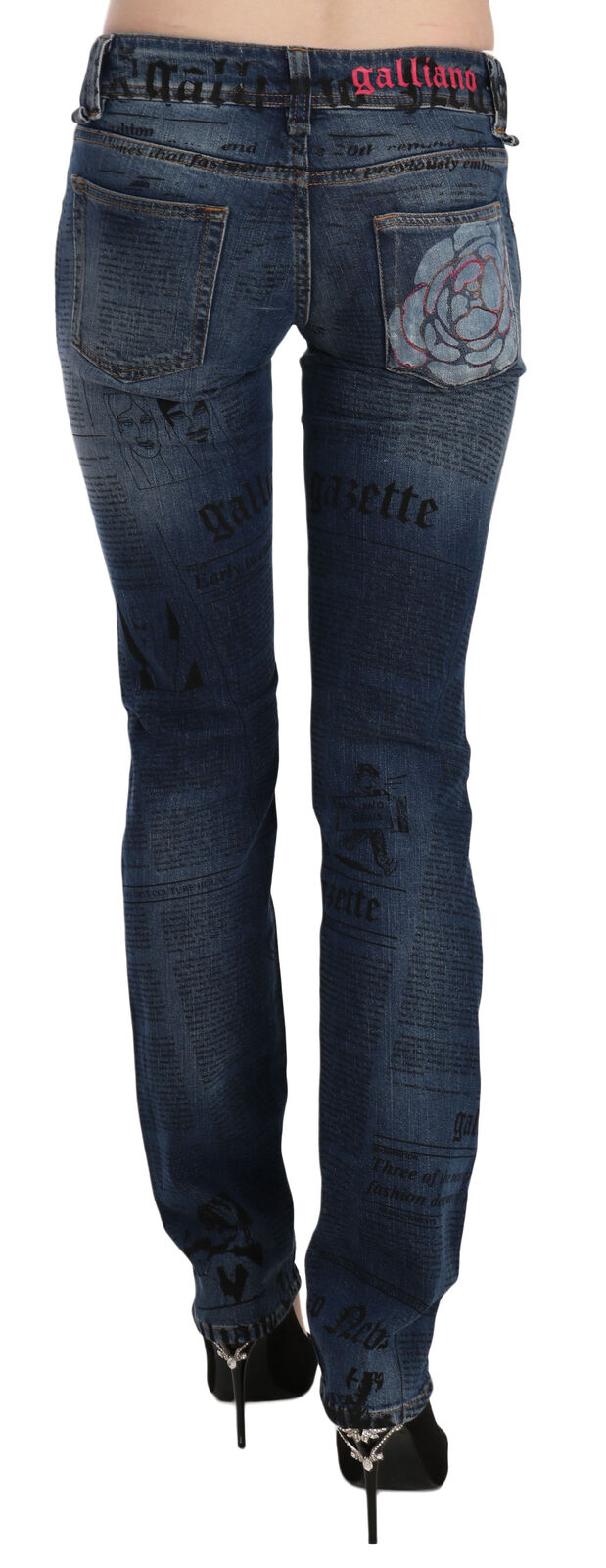 Pantaloni skinny in denim a vita bassa con stampa di giornale blu