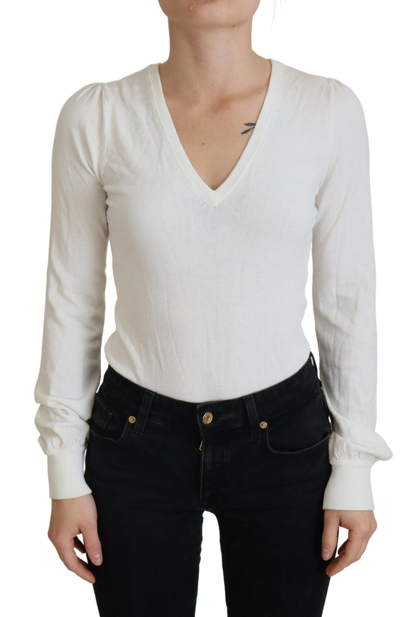 Blusa de mujer de manga larga con cuello en V color marfil