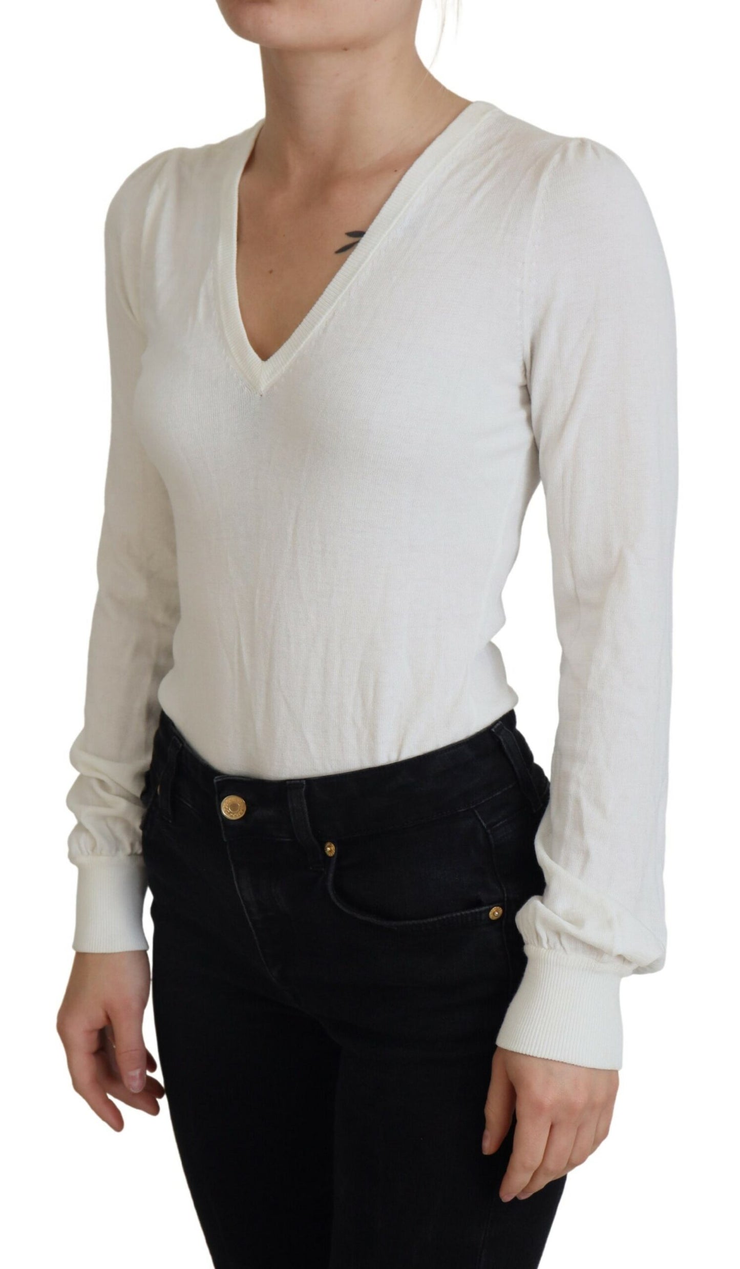 Blusa de mujer de manga larga con cuello en V color marfil